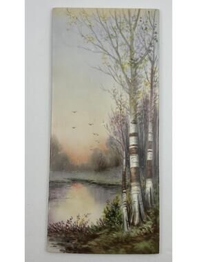 Antique T&V Limoges France Hand Painted Porcelain Plaque Birch Trees Sunset14”B5